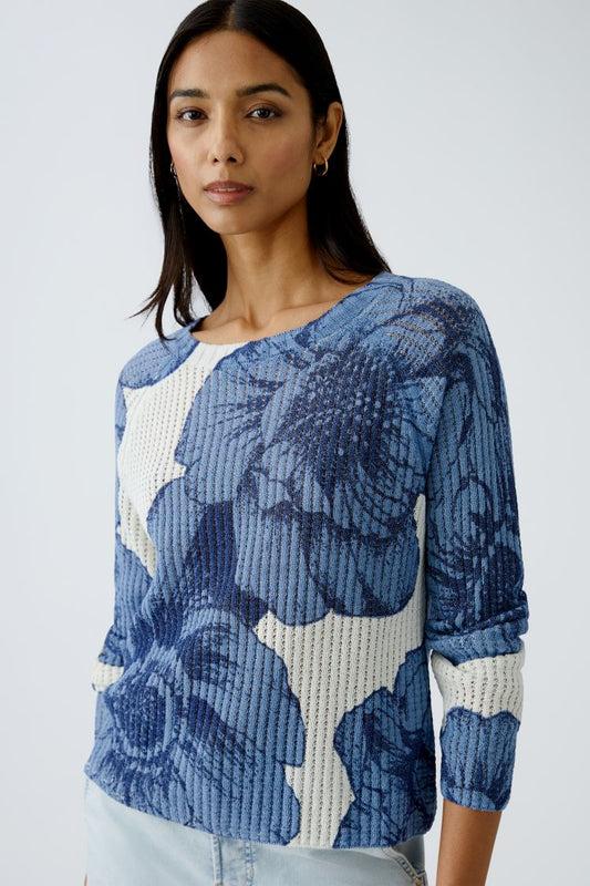 Blue Floral Ribbed Cotton Jumper