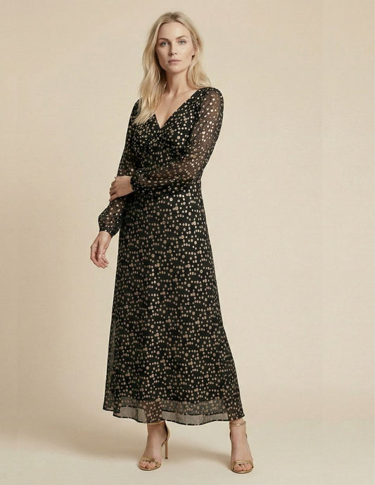 Black/Gold Metallic Spot Maxi Dress