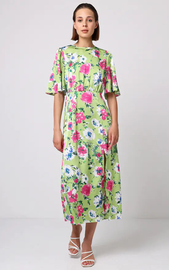 Midi Dress With Side Slit In Green Floral Print