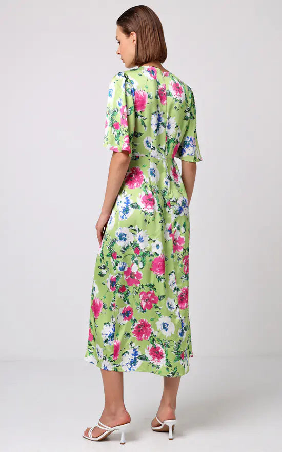 Midi Dress With Side Slit In Green Floral Print