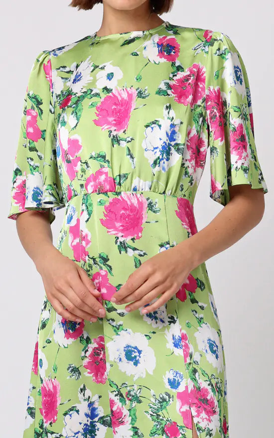 Midi Dress With Side Slit In Green Floral Print