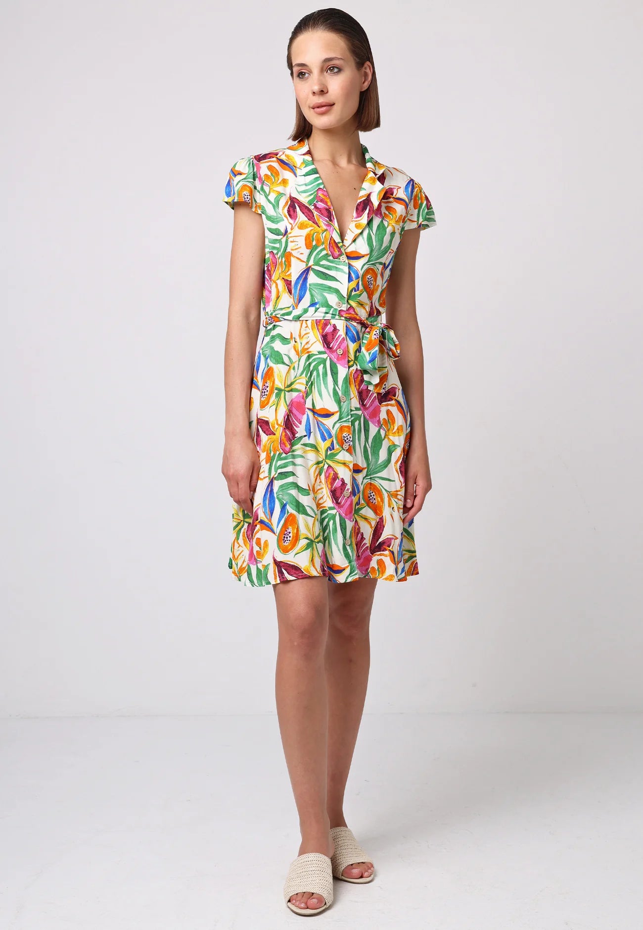 Papaya print cap sleeve shirt dress