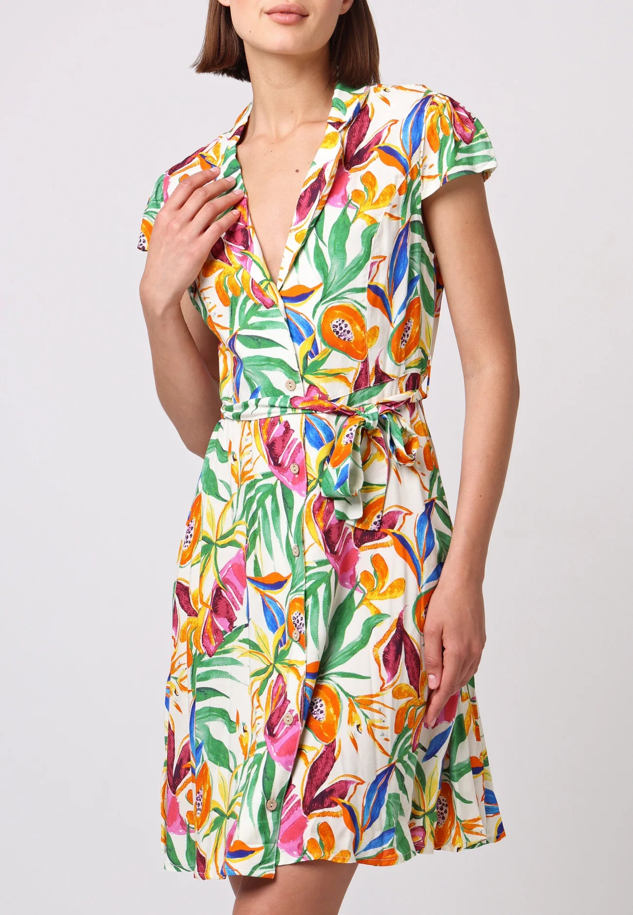 Papaya print cap sleeve shirt dress