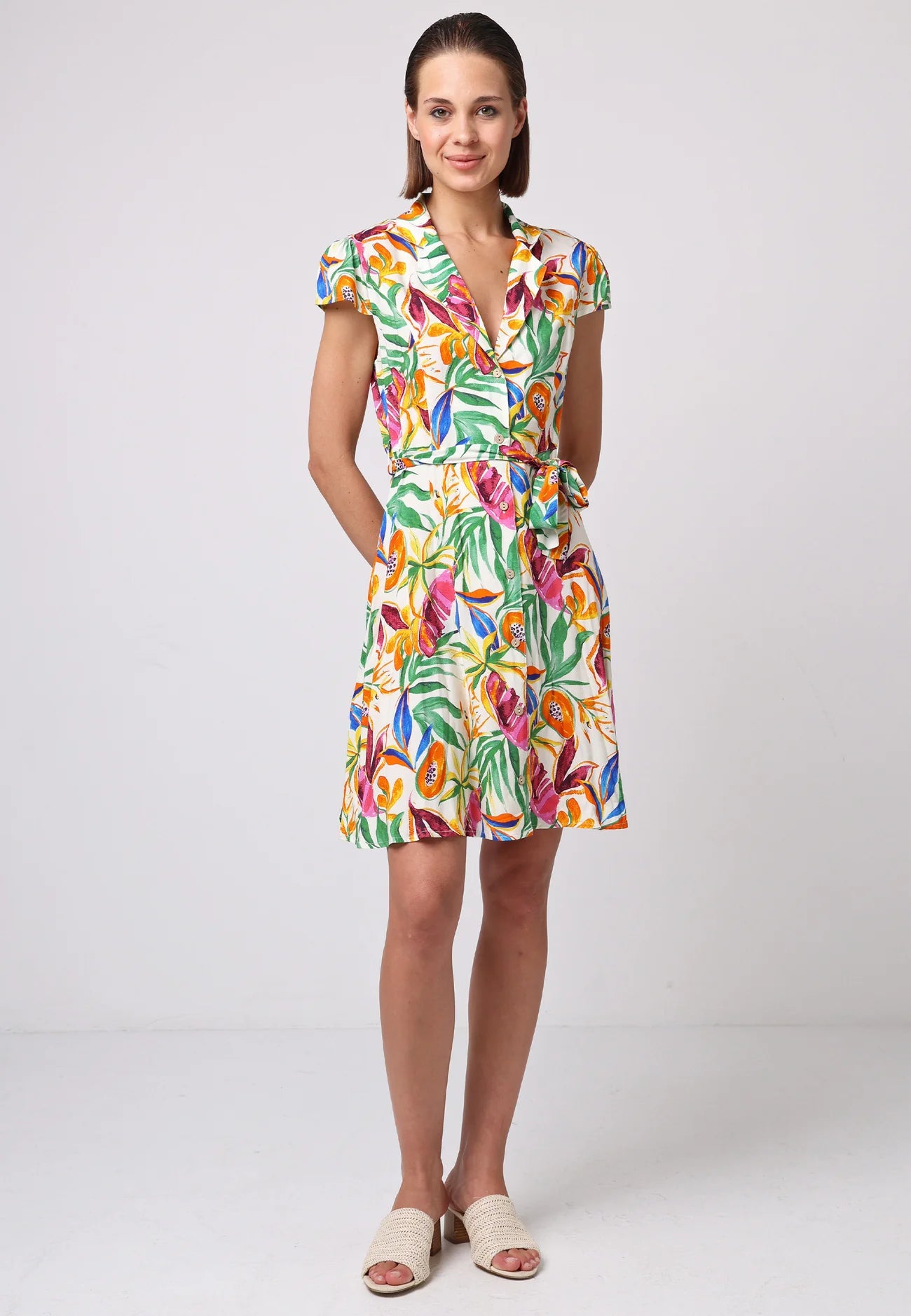Papaya print cap sleeve shirt dress