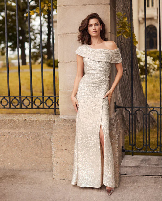 Off-Shoulder Maxi Sequin Detail Gown