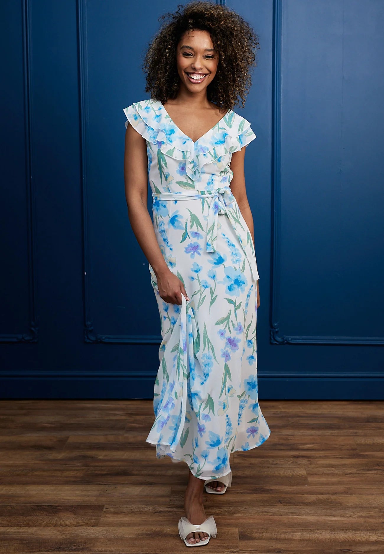 Flutter Sleeve Maxi Dress in White Blue Floral