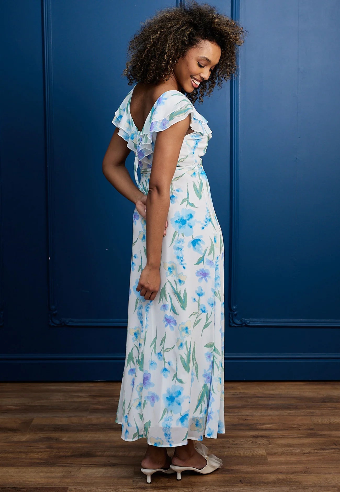 Flutter Sleeve Maxi Dress in White Blue Floral
