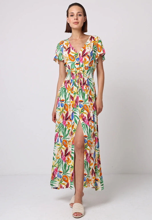 Shirred Waist Tropical Print Maxi Dress