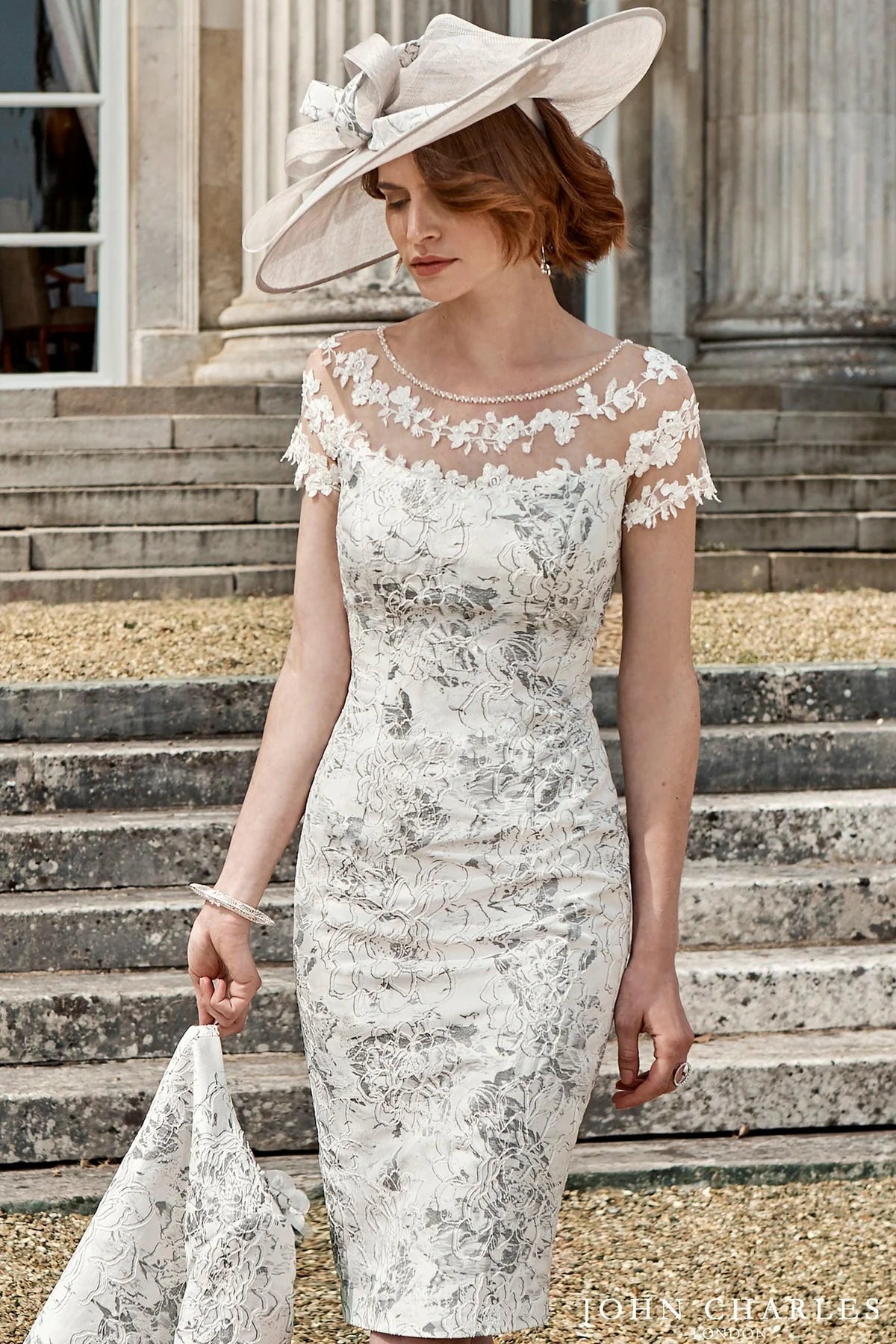 Soft Ivory/Pale Grey Floral Jacquard Dress and Jacket