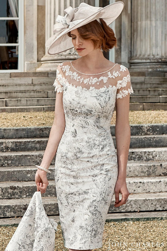 Soft Ivory/Pale Grey Floral Jacquard Dress and Jacket