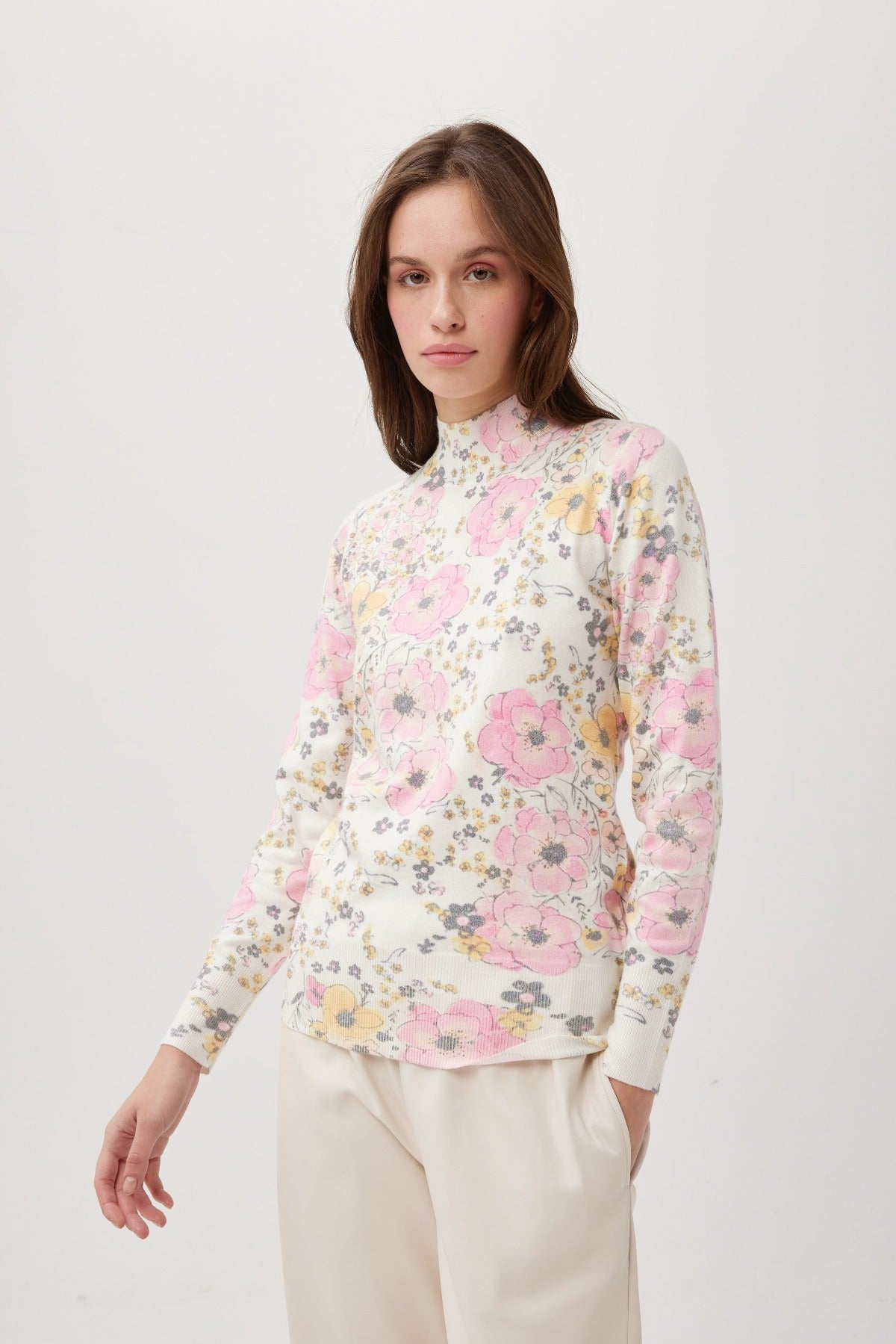 Cream/Pink Floral High Neck Jumper