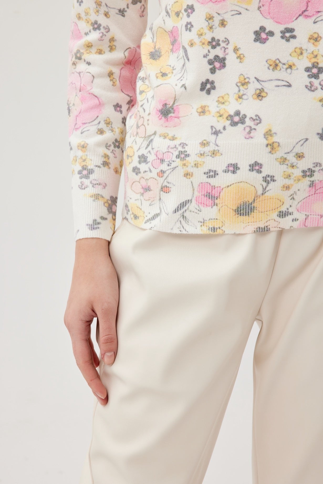 Cream/Pink Floral High Neck Jumper
