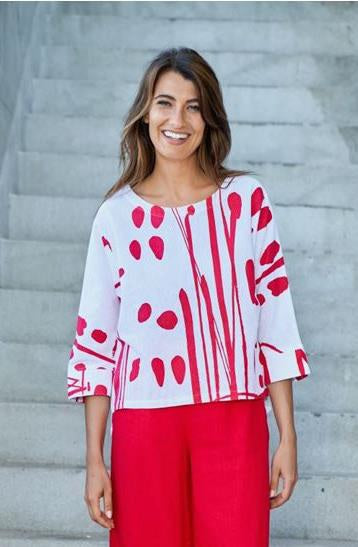 Red and White Abstract Linen Top