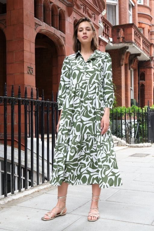 Khaki Abstract 100% Cotton Midi Dress