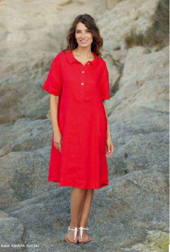 Red Linen Collared Dress