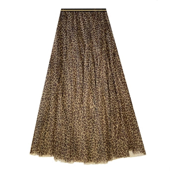 Light Brown Leopard Print Tulle Midi Skirt