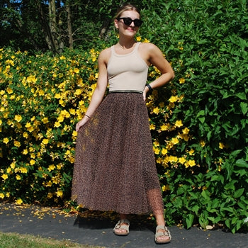 Light Brown Leopard Print Tulle Midi Skirt