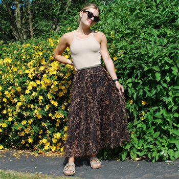 Dark Brown Leopard Print Tulle Midi Skirt