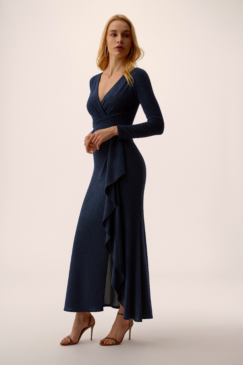 Sparkle Knit Trumpet Gown with Cascade Ruffle