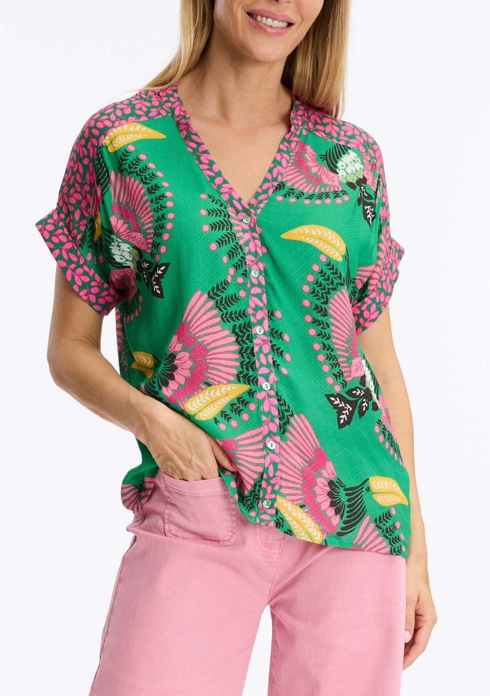 Leo & Ugo Green Palm and Floral Print Top