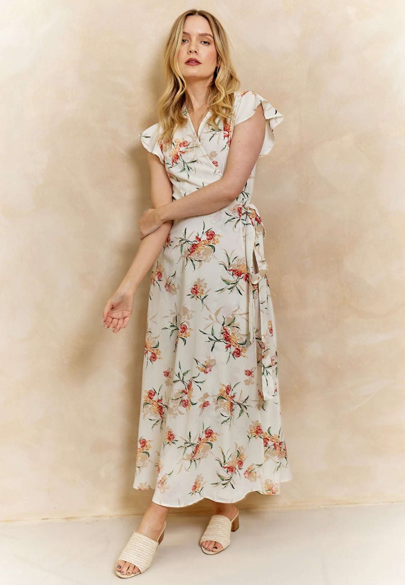 Wrap Maxi Dress in White Floral Print
