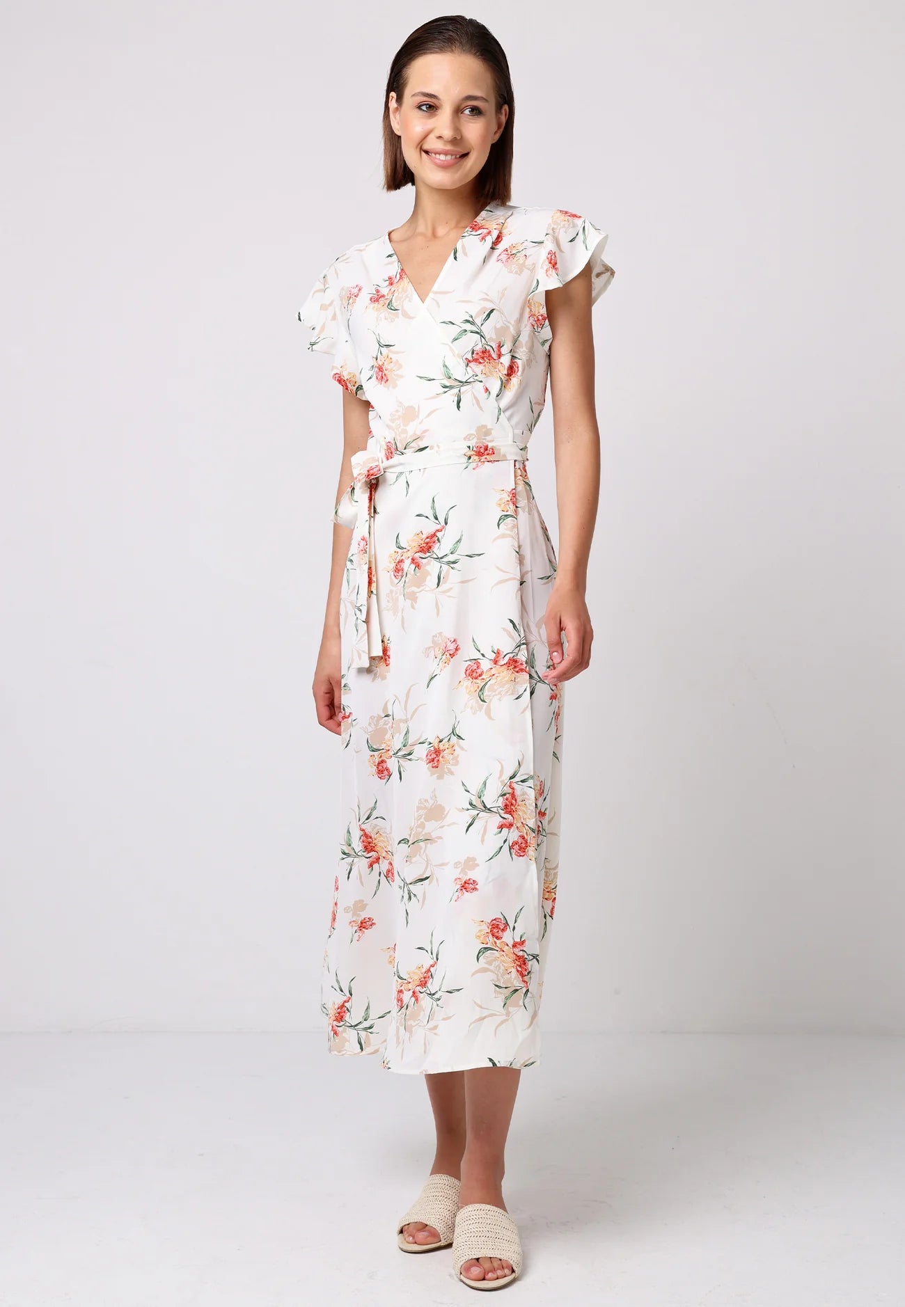 Wrap Maxi Dress in White Floral Print