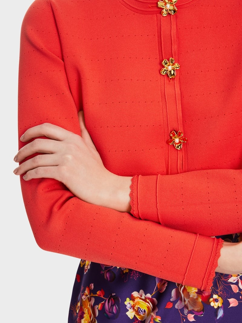 Marc Cain vibrant Orange Short Pointelle Cardigan with Flower Trim Buttons