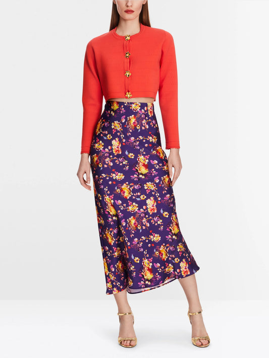 Marc Cain vibrant Orange Short Pointelle Cardigan with Flower Trim Buttons