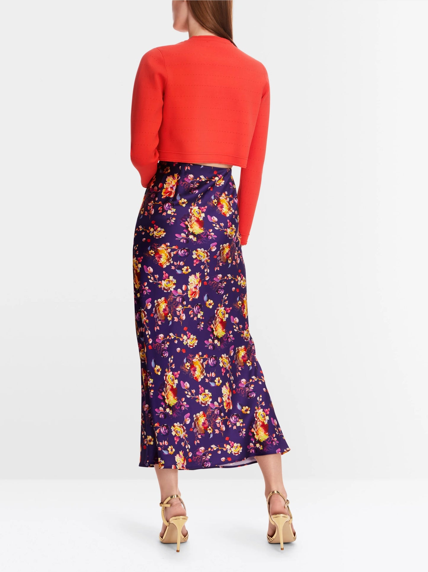 Marc Cain vibrant Orange Short Pointelle Cardigan with Flower Trim Buttons