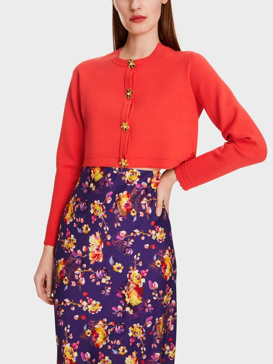 Marc Cain vibrant Orange Short Pointelle Cardigan with Flower Trim Buttons