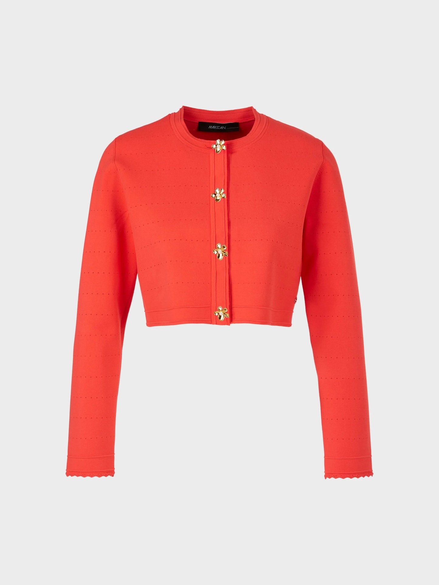 Marc Cain vibrant orange Short Pointelle Cardigan with Flower Trim Buttons