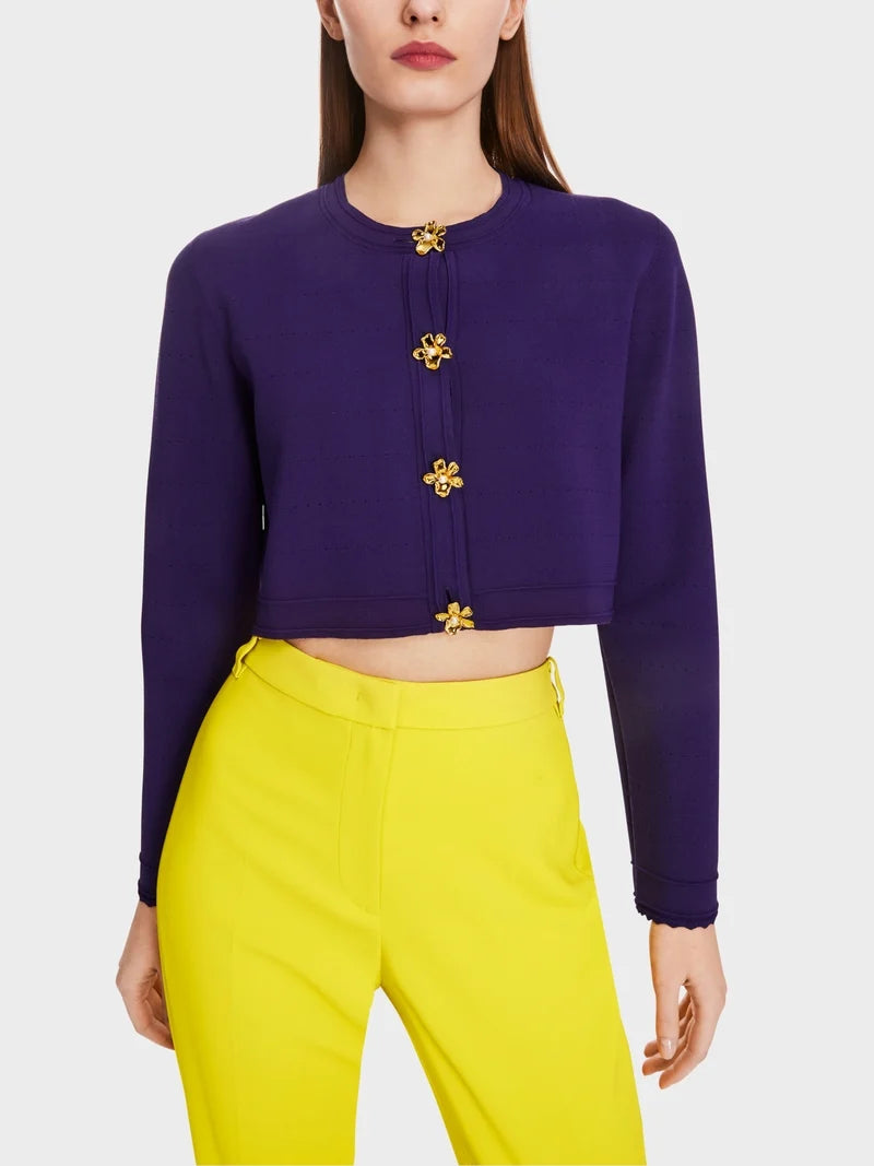 Marc Cain vibrant purple Short Pointelle Cardigan with Flower Trim Buttons