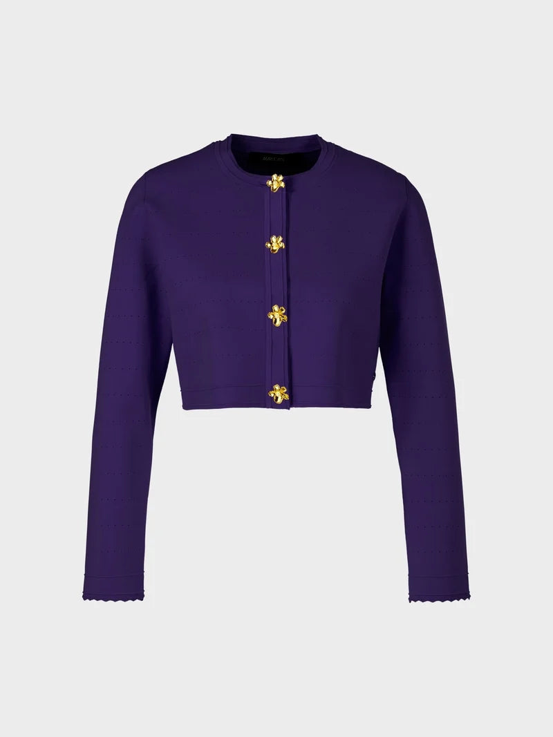 Marc Cain vibrant purple Short Pointelle Cardigan with Flower Trim Buttons