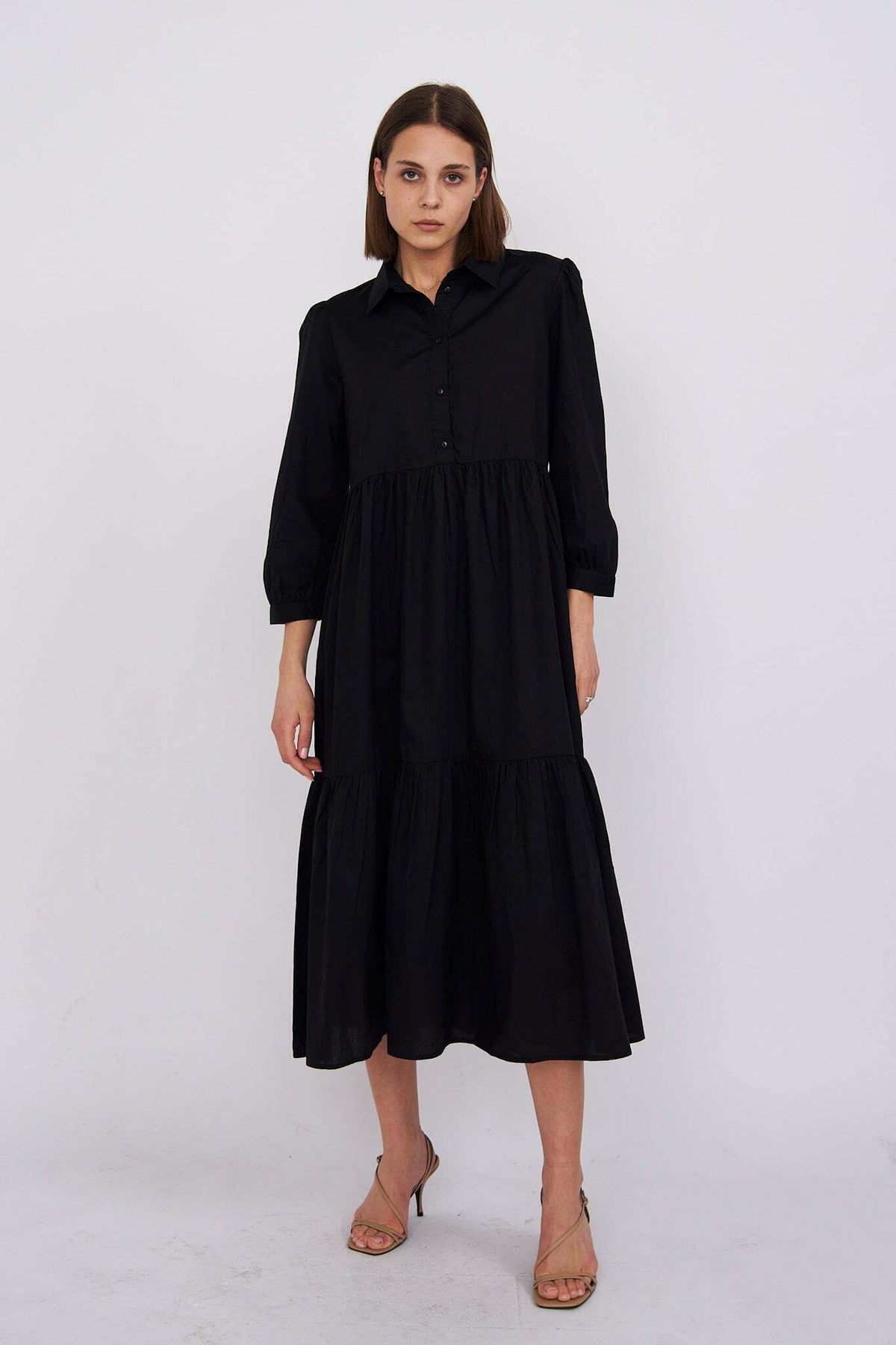 Black Chiara Tiered 100% Cotton Midi Dress - Lucindas on-line
