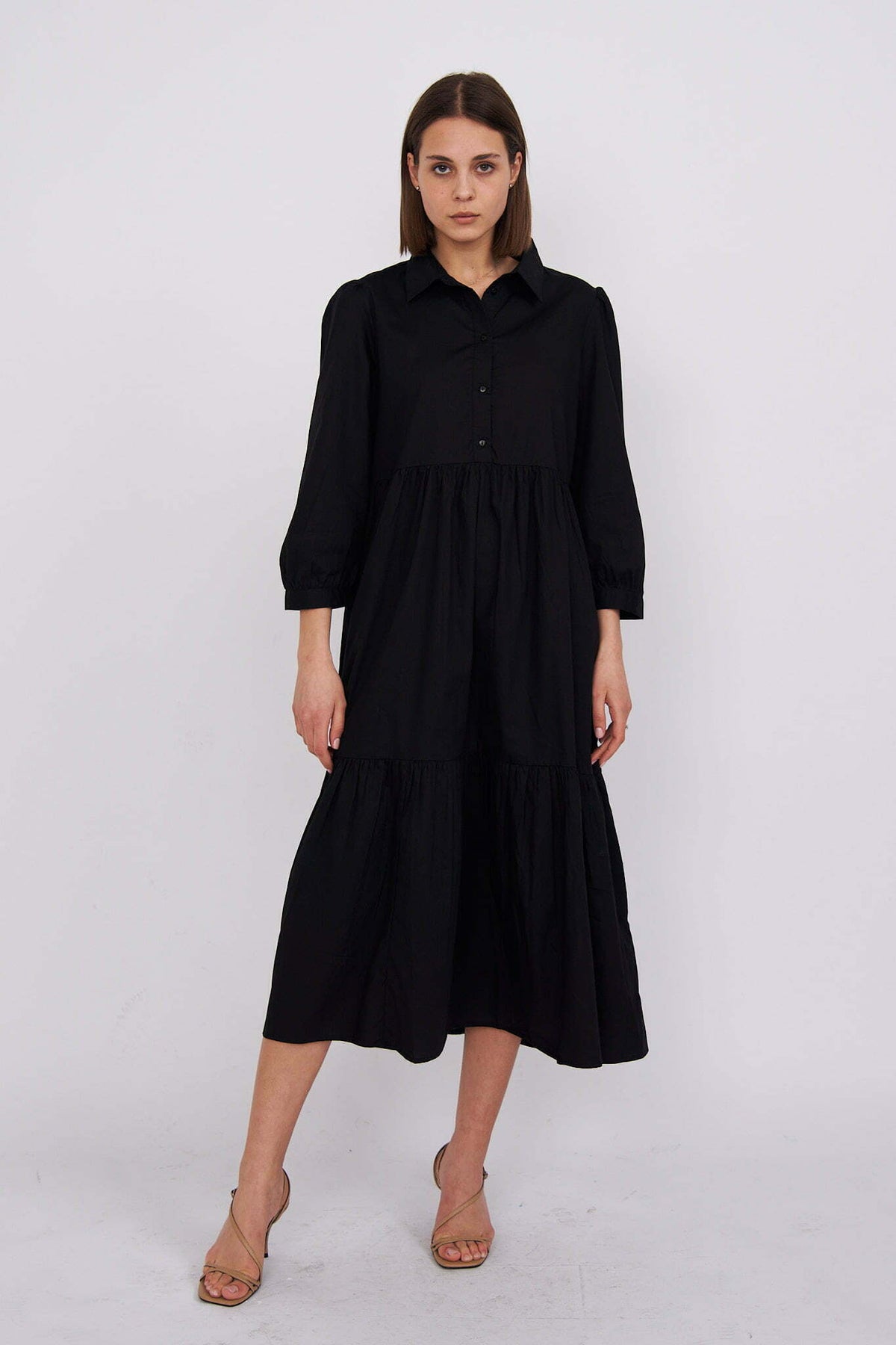 Black Chiara Tiered 100% Cotton Midi Dress - Lucindas on-line