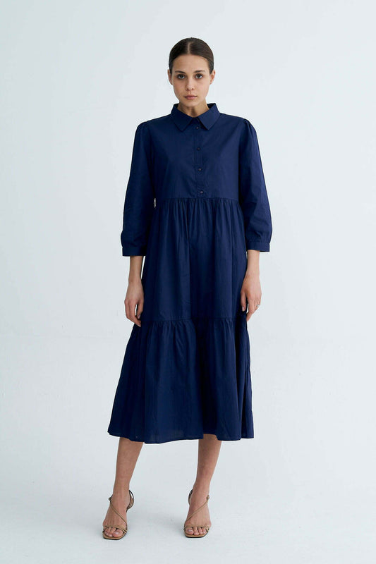 Navy Chiara Tiered Cotton Midi Dress