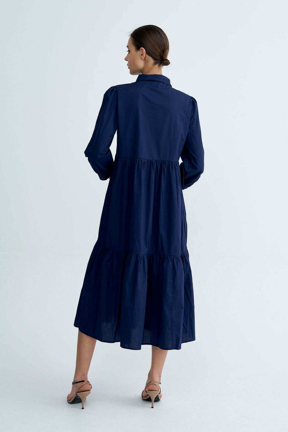 Navy Chiara Tiered 100% Cotton Midi Dress - Lucindas on-line