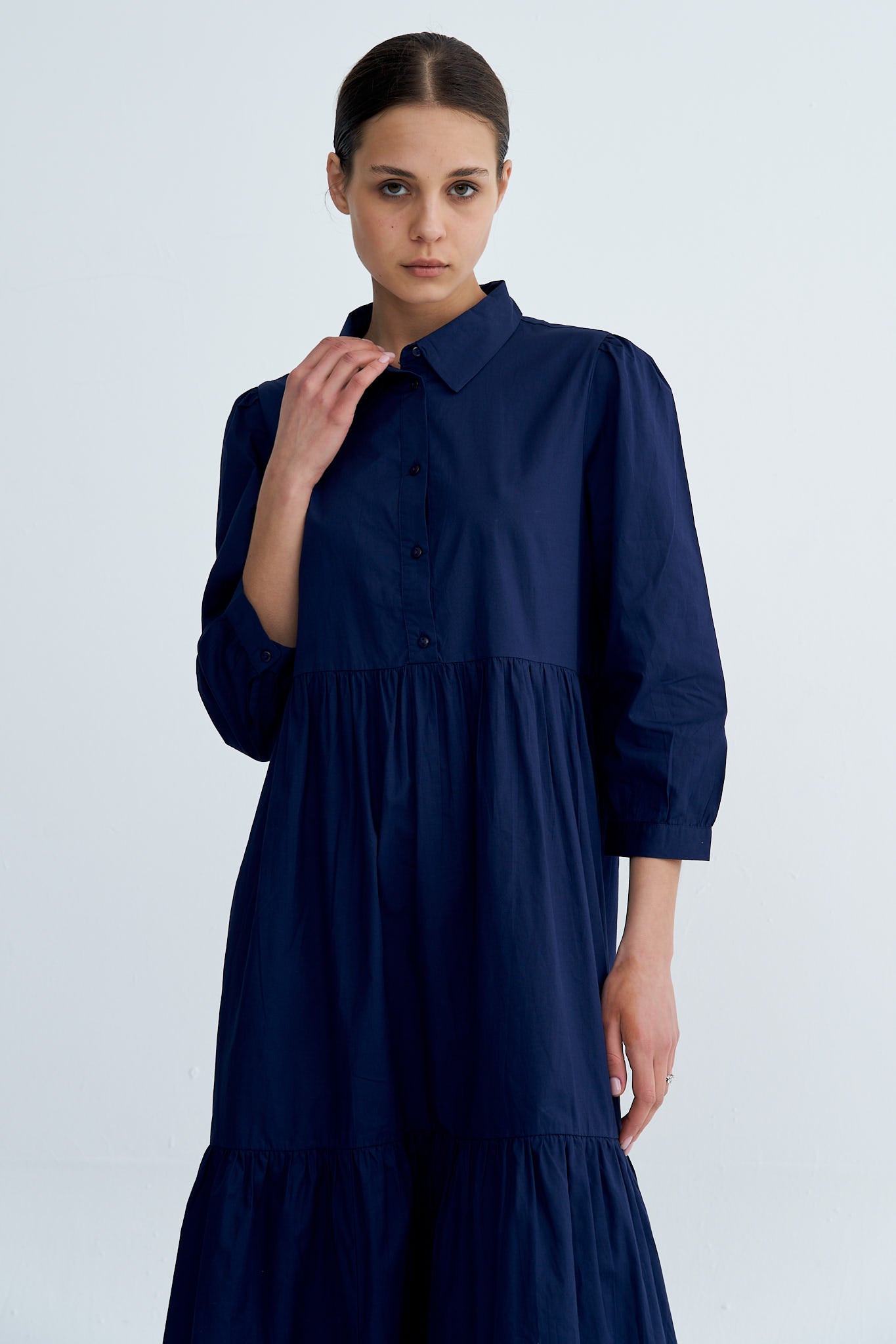 Navy Chiara Tiered Cotton Midi Dress