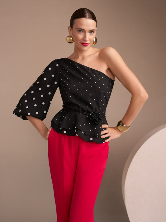 Marc Cain One-shoulder Polka Dot Blouse