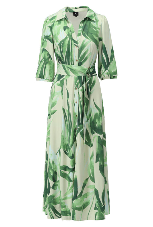 K-Design Tropical Leaf-Print Belted Shirt Dress a326