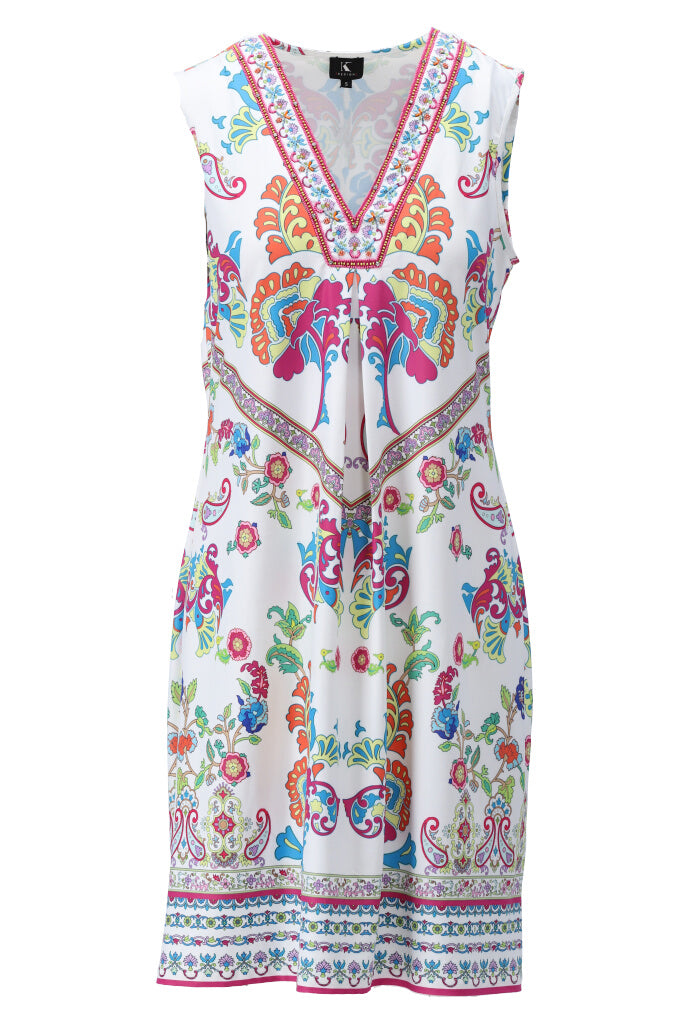 K-design Vibrant Sleeveless Paisley Dress with Decorative Borders A403