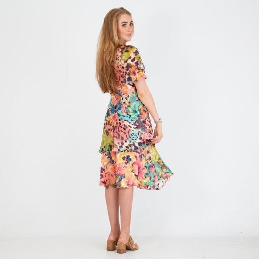 Floral Animal Pure Silk Tiered Dress 4942