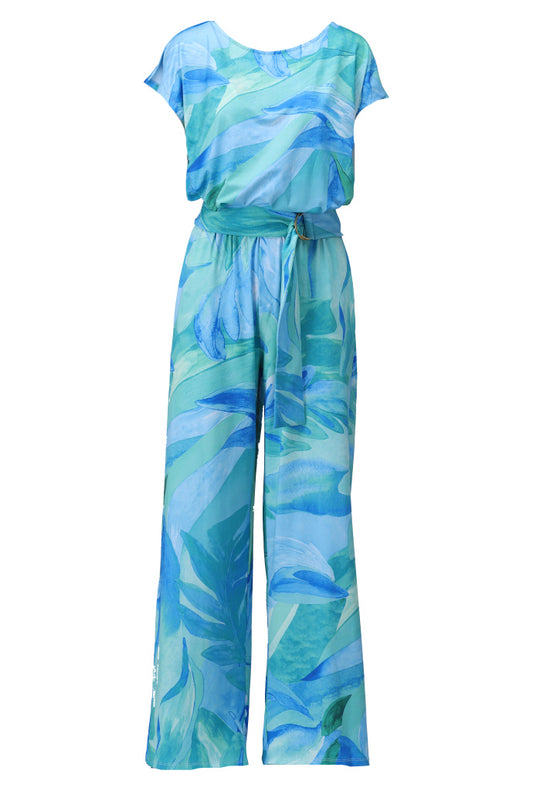K-design Aqua/Green Tropical Floral Wide Leg Jumpsuit