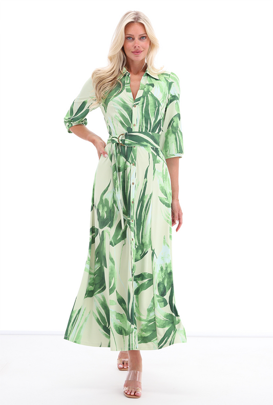 K-Design Tropical Leaf-Print Belted Shirt Dress a326