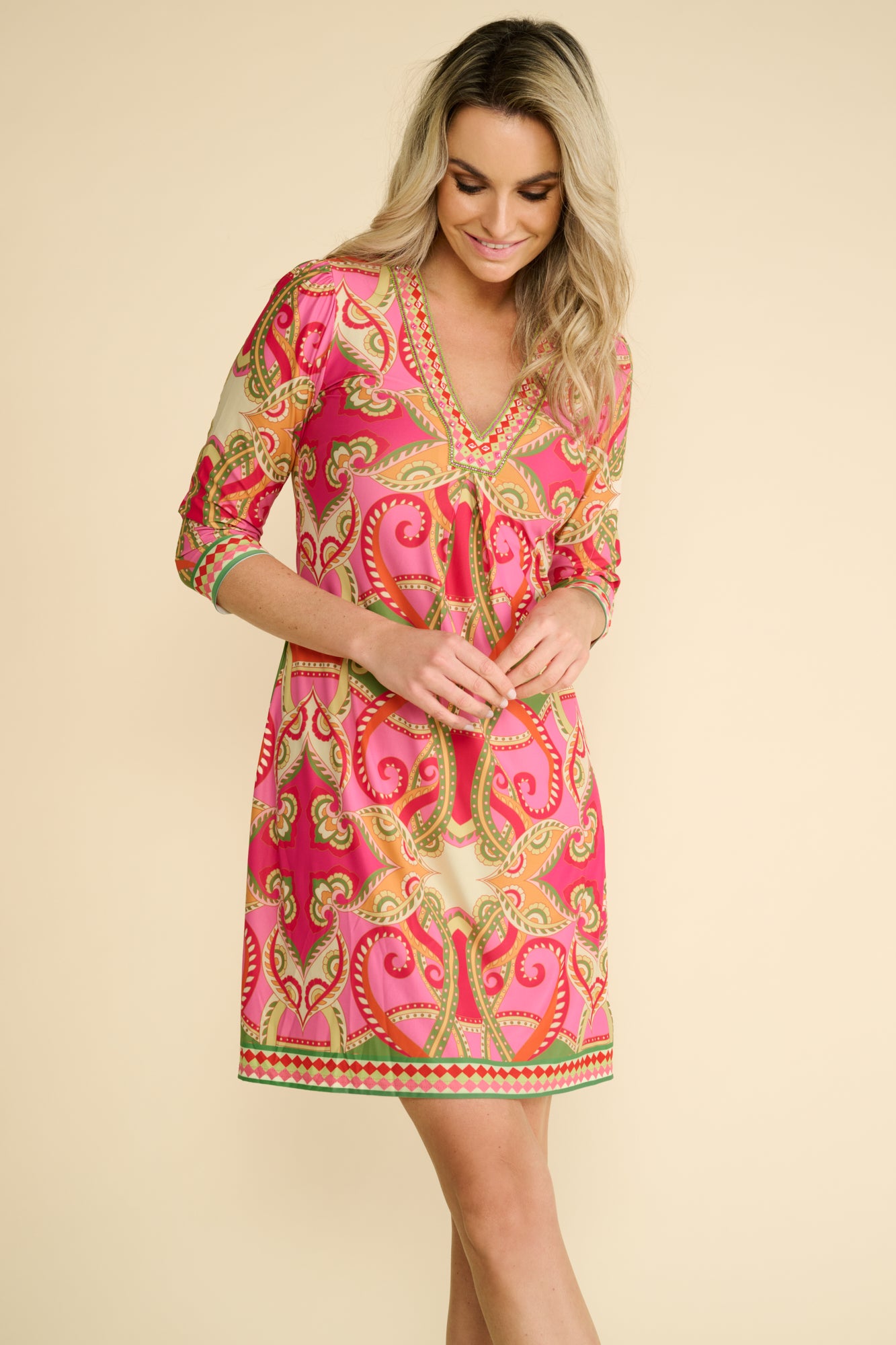 K-design Vibrant Printed Dress with Decorative V-Neckline A400