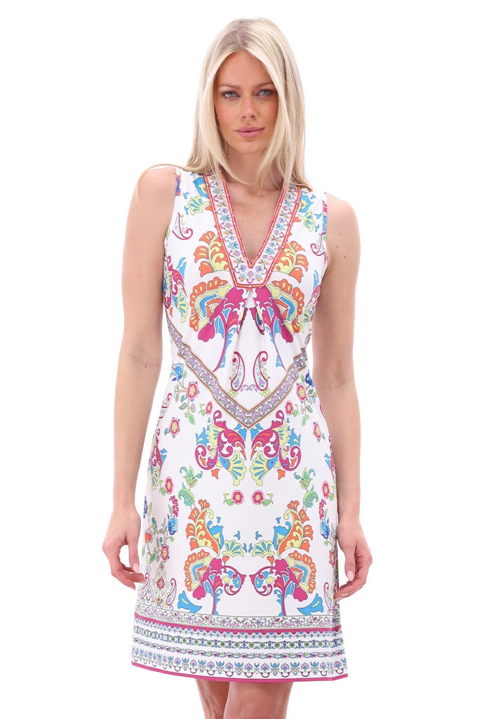 K-design Vibrant Sleeveless Paisley Dress with Decorative Borders A403