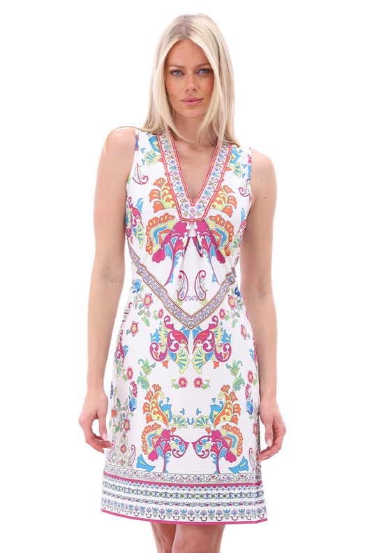 K-design Vibrant Sleeveless Paisley Dress with Decorative Borders A403