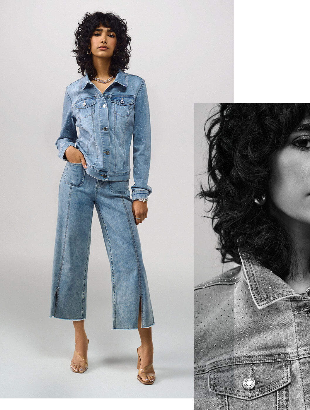Fitted Denim Jacket With Allover Rhinestones 241914