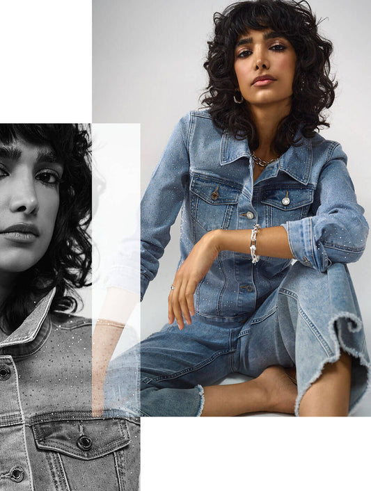 Fitted Denim Jacket With Allover Rhinestones 241914