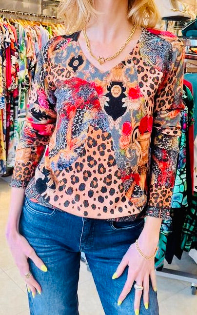 Floral & Leopard Print Merino Wool V Neck Jumper P559